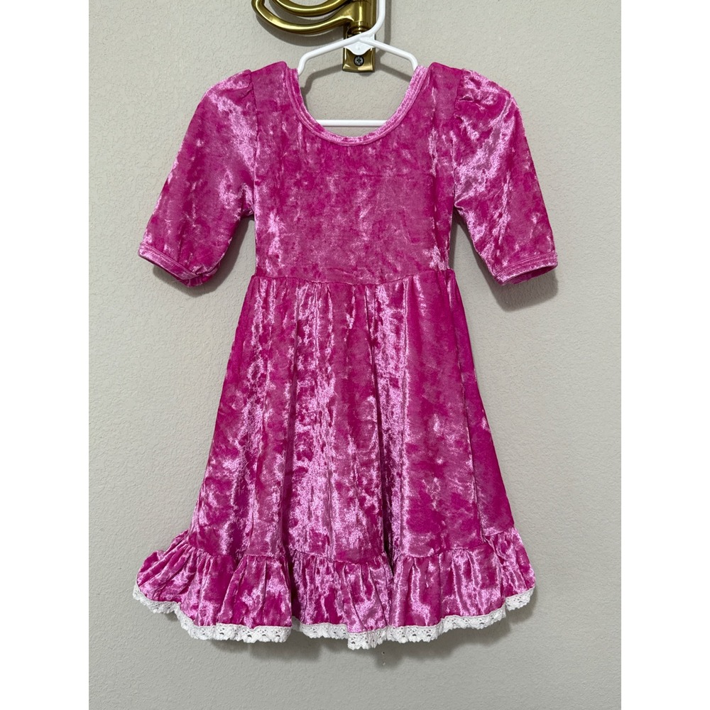 Eliza Cate Velvet Ruffle Dress Toddler 3T Pink Lace Trim Short Sleeve